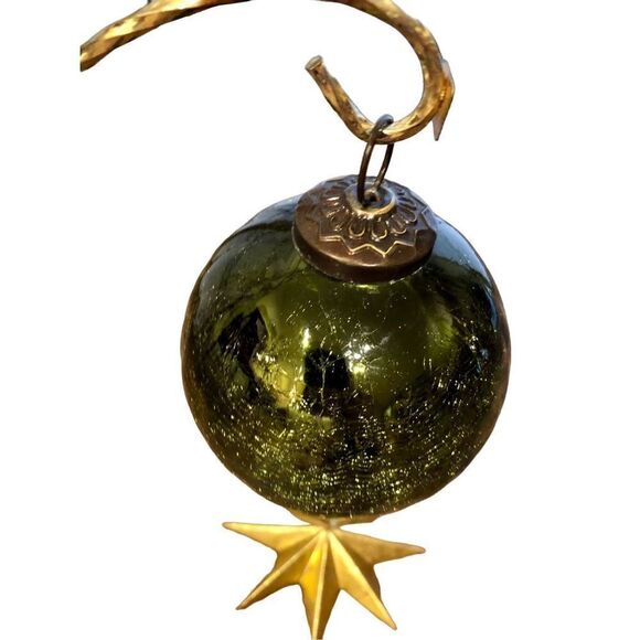Antique German Large Glass Hanging Ball Ornament on Gold Star Stand - Picture 1 of 16